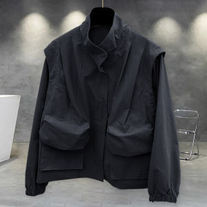 Pure Color Stand Collar Mens Jacket Spring Autumn Trendy Brand Workwear Three Dimensional Fake Two Piece Coat Windbreaker