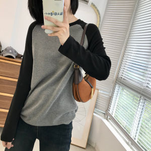 Slimming Soft Elastic T-Shirt Womens Base Shirt Shoulder Sleeve Insertion Long Sleeve Top Casual Loose Fit round Neck