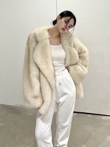 Eco-Friendly Fox Fur Coat Womens Loose Suit Collar Trendy Streetwear Slimming Autumn Winter Outerwear Fashionable Long Sleeve