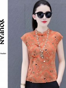 YOUFAN | Vintage Chinese Style Mandarin Collar Shirt Short Sleeve Chiffon Summer