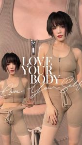 LYB - Bộ đồ tập gym yoga nữ dệt kim quần legging đùi áo bra thể thao khoá kéo không mút màu xám