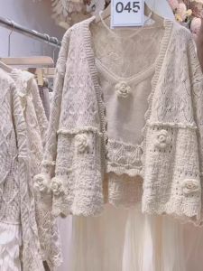 Fashion Suit Two-Piece Sweater Womens 2023 Autumn Clothing New Arrival Knitting Cardigan Strap Flower Patchwork Western Style Top