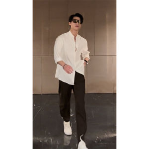 New Chinese Style Long Sleeve Stand Collar Mens Shirt Trendy High-End British Preppy White Male Blouse Business Gentleman