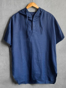 Áo Thun Có Mũ Trùm Đầu Mỏng Bằng Vải Lanh Mùa Hè Dành Cho Nam Áo Thun Ngắn Tay Màu Đen Thoáng Khí Không Cần Sắt Điều Trị Thanh Niên Loại Dáng Rộng Phổ Biến