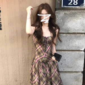 Homecore | French Retro Plaid Sleeveless Long Dress