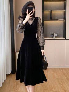 Velvet Long Dress Hepburn Style Autumn Winter High Waist A-Line Skirt Elegant Slimming Black Dress Commute Suitable