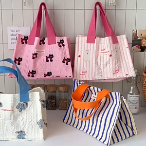 MOUSSON  กระเป๋าใส่กล่องอาหารกลางวันลายดอกไม้เกาหลีกระเป๋าใส่ผ้าใบมูลค่าสูงกระเป๋าใส่ของนักเรียนกระเป๋าใส่กล่องอาหารกลางวันแบบพกพา