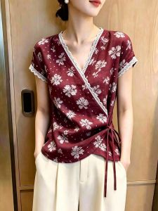 KUNAILIN | Business Casual V-Neck Floral Print Summer Tie-Waist Slim Shirt