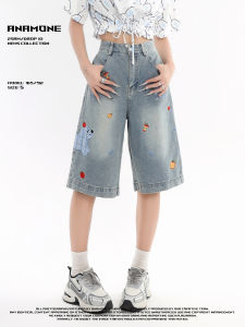 ANAMONE Summer Unique Loose Womens Denim Shorts  Dog Embroidery Seven-Five Pants High Waist Blue Cotton Tweed