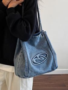 Trendy Denim Bucket Bag Womens Casual Crossbody Shoulder Bag American Retro Style Commuter Soft Handbag Large Pure Color