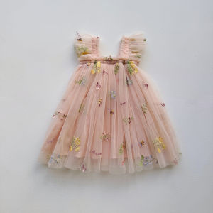 Princess Style Summer Dress for Girls Mesh Vest Strap Floral Print Puffy Sleeve High Waist Knitted Nylon Birthday Cake Girls Dress