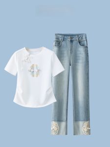 New Chinese Style Straight Leg Denim Jeans Women Summer Nine Points Embroidery Cigarette Pants Early Autumn Set round Neck Short Sleeve