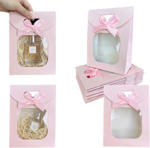 10 Chiếc Túi Giấy Kraft Mini Màu Hồng Có Cửa Sổ Trong Suốt Túi Quà Tặng Có Tay Cầm Cho Kẹo Bánh Quy Tiệc Giáng Sinh Đám Cưới