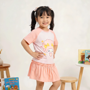 Set Đồ Bé Gái 12-31kg Mùa Hè Áo Thun In Hình + Váy Xòe Cotton Thấm Hút Tốt Bé Mặc Cực Xinh