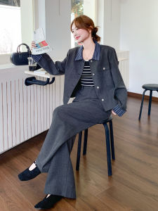 Grey Fashion Striped Patchwork Casual Style Womens Set Pants Autumn New Arrival Outer Wide Leg Pants Two Piece Set