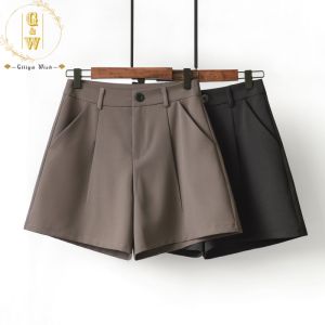 Glliya Wish Women Shorts Korean Casual Style Button Short Slacks with Pockets Anti-Wrinkle 4 Cents Shorts for Lady