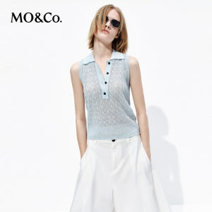 MO&Co. | Linen Cotton Polo Collar Half-Placket Crochet Sleeveless Sweater