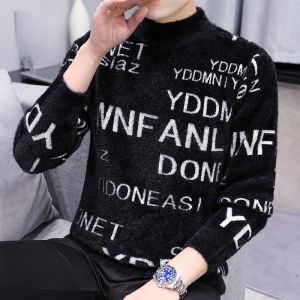 ROMON | Lormen Mens Mid-High Collar Sweater Autumn Winter Thickened Mink Velvet Letter Print Casual Loose Fit Knitted Winter Coat