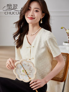 New Chinese Style V-Neck Short Sleeve Chiffon Shirt Womens Summer 2025 Half Sleeve T-Shirt Short Fashionable Small Shirt