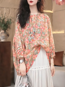 QINGNAER | Slimming Oversized Round Neck Floral Print Long Sleeve Blouse for Summer