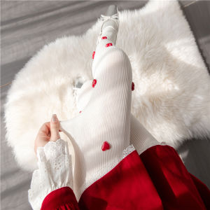 New Year Red Heart Patterned Stockings Womens Winter Velvet Leg Shaping Socks Cute Lolita White Base Pants Stockings