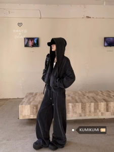 ชุดกันหนาวแบบลำลองสำหรับผู้หญิง ชุดกันหนาวฤดูใบไม้ร่วง/ฤดูหนาว ชุดกางเกงขายาวเอวสูง ชุดสองชิ้น ชุดกันหนาวลำลอง