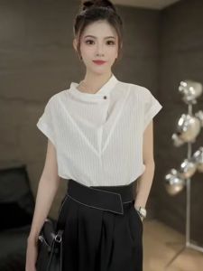 Stylish Striped Short-Sleeve Shirt for Women New Retro French Style Versatile Casual Work Clothing with Stand Collar