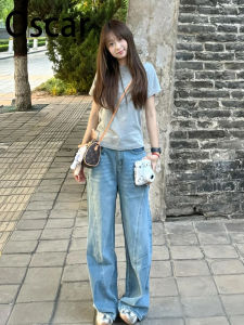 American Retro Blue Wide Leg Jeans Womens High Waist Loose Slimming Drapey Versatile Autumn New Style Casual Cotton Denim