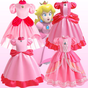 Super Mario Peach Princess Dress For Girls Super Mary Pink Dresses Children Anime Game Costume Birthday Party Lace Long Dress