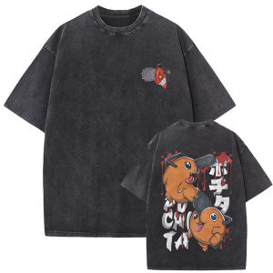 Bandai | Washed Vintage Anime Chainsaw Man Reze Graphic T-shirt Men Women Manga Casual Streetwear Mens Retro Cotton T Shirts