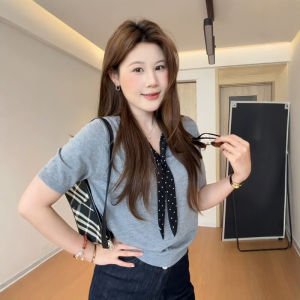 DUOFEIYAN | Korean Style Polka Dot V-Neck Ice Silk Knit Short Sleeve T-Shirt