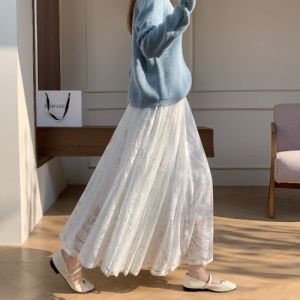 กระโปรงยาวปานกลางผ้าตาข่ายลูกไม้สไตล์ฝรั่งเศสสำหรับผู้หญิง กระโปรงทรงเอเอวสูง กระโปรงสั้น กระโปรงยาวคลุมเข่า กระโปรงทรงเอ