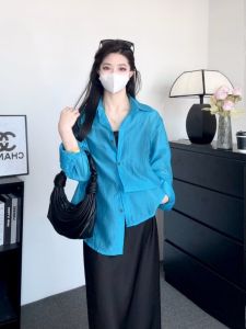 เสื้อเชิ้ตผู้หญิงบางๆ ทรงหลวมๆ สำหรับฤดูร้อน ผ้าฝ้ายลินิน สีน้ำทะเล เสื้อคาร์ดิแกนแขนยาวแบบเปิดหน้า สไตล์ลำลอง เสื้อผ้ากันแดด