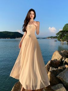 French V-neck Elegant Hanging Neck Dress Slimming Waist Advanced Feeling Super Long Beach Vacation Big Skirt Long Dress Summer