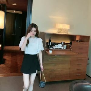 AMMIN 2025 Summer New Fashion Hollow Lace Round Neck Retro Palace Style Puff Sleeve Shirt for Women Korean Style Embroidered Hollow Design Unique Short Sleeve Elegant Blouse