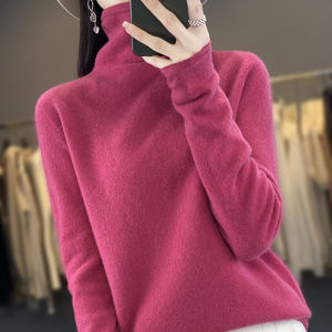 2025 100% Merino ขนสัตว์เสื้อกันหนาว Elegant CASHMERE Pullover ผู้หญิง Pile คอยาวแขนยาวเสื้อถัก Basic เสื้อผ้าเสื้อจัมเปอร์