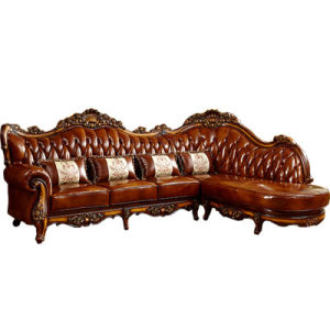 European Style Leather Sofa Corner Combination Head Layer Cowhide Solid Wood Carved Luxury Villa Living Room Furniture