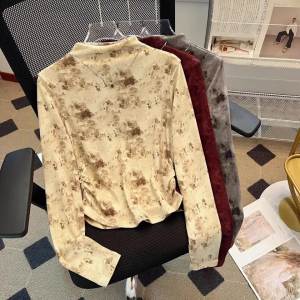 AMMIN 2025 Spring and autumn new simple round collar elastic waist design long sleeve pure cotton T-shirt woman Korean style fashion half high collar with floral print casual elegant blouse