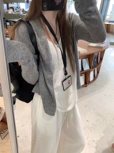 Gray Thin Long Sleeve Knitted Open Cardigan Womens Early Autumn Lazy Loose Air Conditioner Shirt Short Style Sun Protection Top