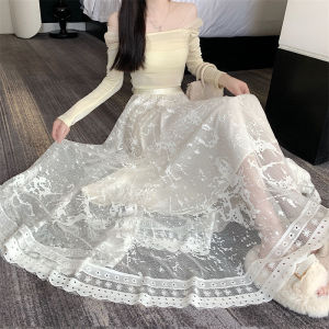 Váy Dài Xếp Ly Ren Thêu Kiểu Pháp Cạp Cao Váy Midi Chữ A Váy Dài Thường Ngày Bằng Polyester Cho Nữ Mùa Thu 2024