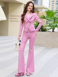 MUBEELE | Pink Slim Fit Fashion Professional Suit Set Womens Early Spring Trendy Bell Bottom Pants Two Piece Suit Button Closure Long Sleeve