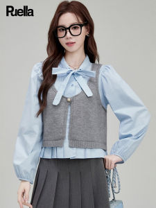 puella | Spring New Two Piece Bow Knitted Vest and Long Sleeve Shirt Set