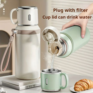 600ML Stainless Steel Insulated Bottle with Cup Lid Rope Handle Office Home Portable Thermos Cup Outdoor Kettle Coffee Cup