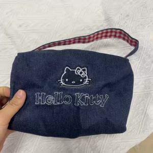 Sanrio | ASanrio Hello Kitty Retro Denim Handbag KT Cat High Aesthetic Large Capacit Portable Eup Bag Embroidered Travel Storage Bag Gift