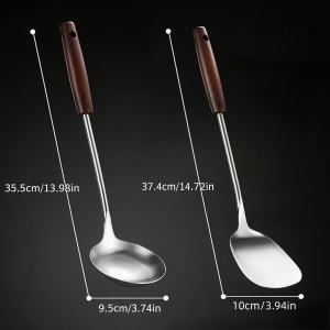 【Pot Spatula + Pot Spoon】Household Stainless Steel Cooking Set Spatula and Soup Spoon with Wooden Handle Anti-Scald Durable Extended Length