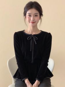 XIUMEI | French Style Butterfly Bow Tie Velvet Blouse Female