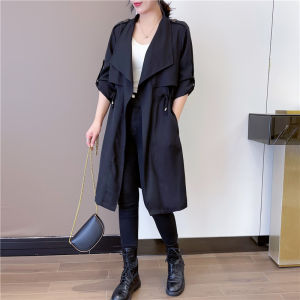 Elegant Thin Womens Autumn Coat 2025 New Style Loose Waist Slimming Midi Length Korean Style Commute Pure Color Windbreaker