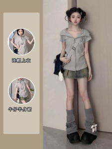 Hooded Cardigan T-shirt Denim Skirt Two-Piece Womens Summer Sweet and Spicy Style Niche Style Non-Collision Style Suit Small