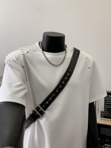 American Style Short Sleeve T-Shirt for Men Metal Beads Design Summer New Splicing Half Sleeve Shoulder Pad Cool Feeling