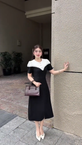 Đầm thiết kế BEMINE cổ tròn phối viền ren cách điệu dáng chữ A phù hợp đi làm-B172